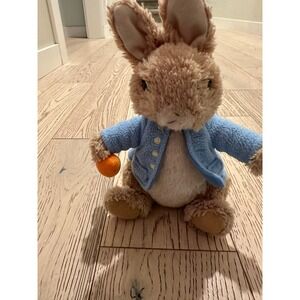 Peter Rabbit Plush Stuffed Animal Beatrix Potter Blue Cardigan with Carrot Tan